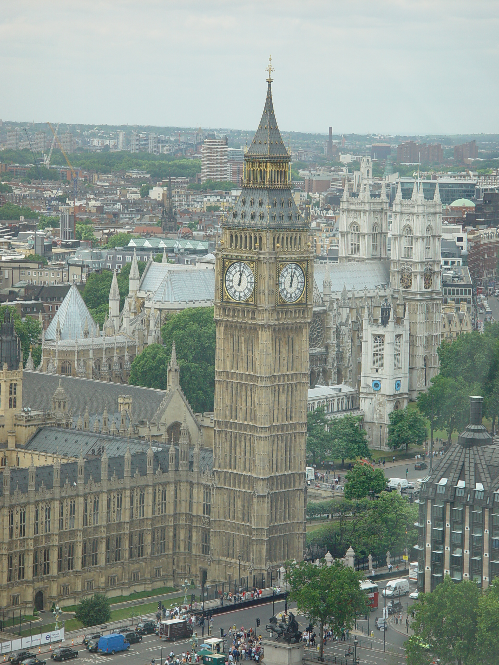 Big Ben en Westminster Abbey vanuit de London Eye capsule